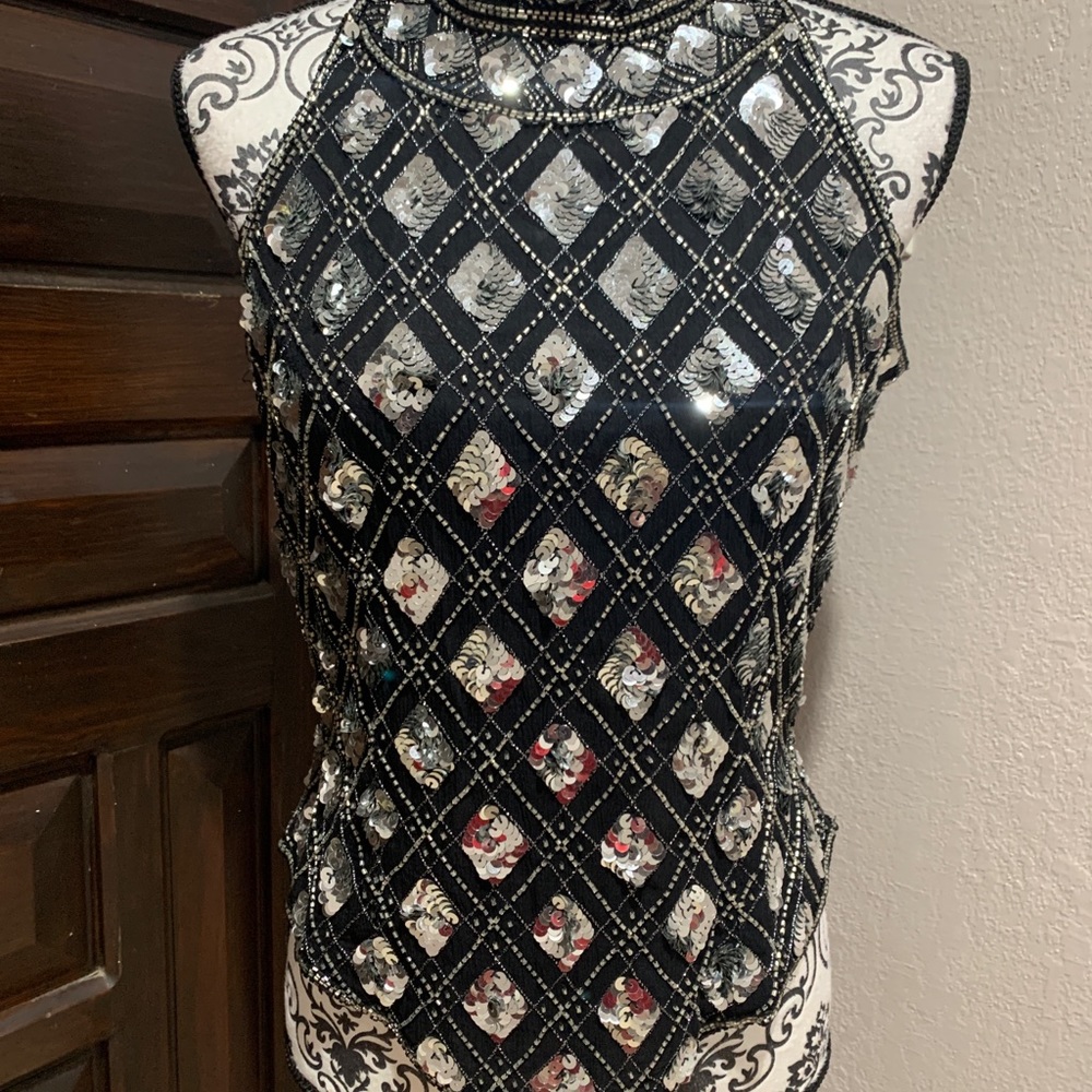 Bling Papell Boutique Evening Top Black Beaded High Neck Medium Zipper Back